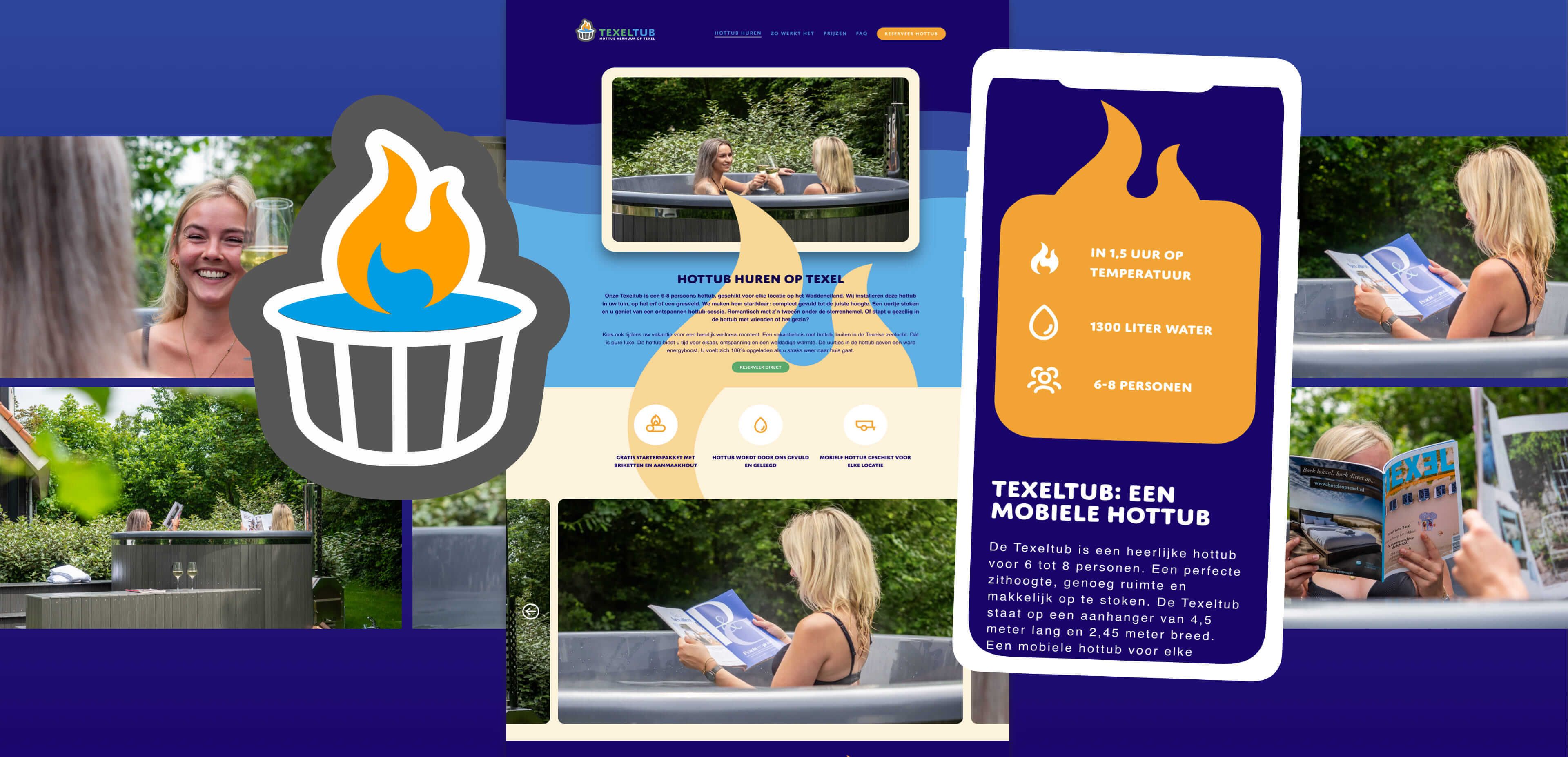 Een collage van een website voor het huren van een mobiele hottub, met foto's van een vrouw in een hottub, tekstuele informatie over online diensten en een vlammenlogo.