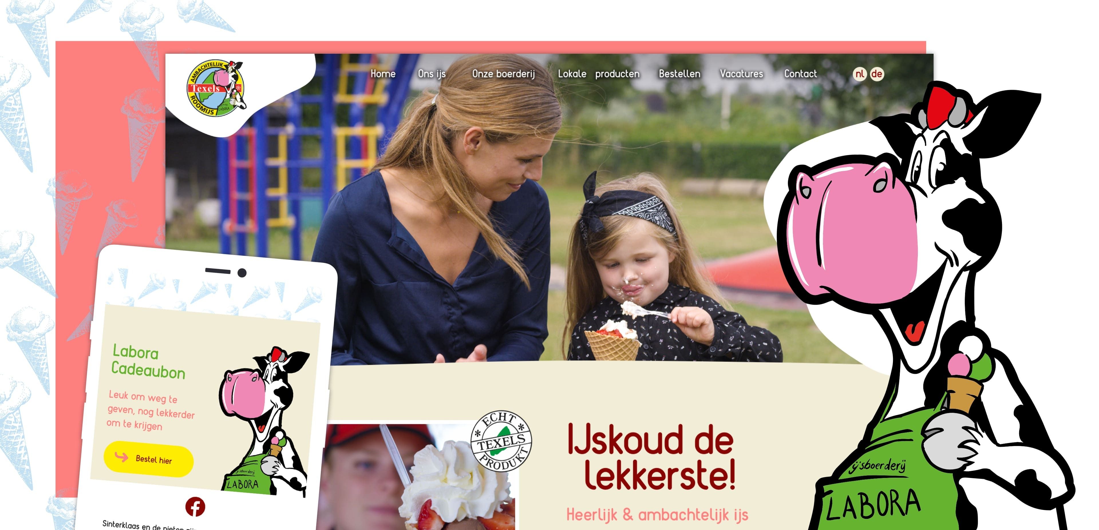 Een vrouw en een jong meisje zitten buiten; het meisje houdt een ijshoorntje vast. Een cartoonkoeienmascotte en een afbeelding van een mobiele cadeaubon verschijnen aan de linkerkant, waardoor websites en online diensten in de website-indeling worden benadrukt.