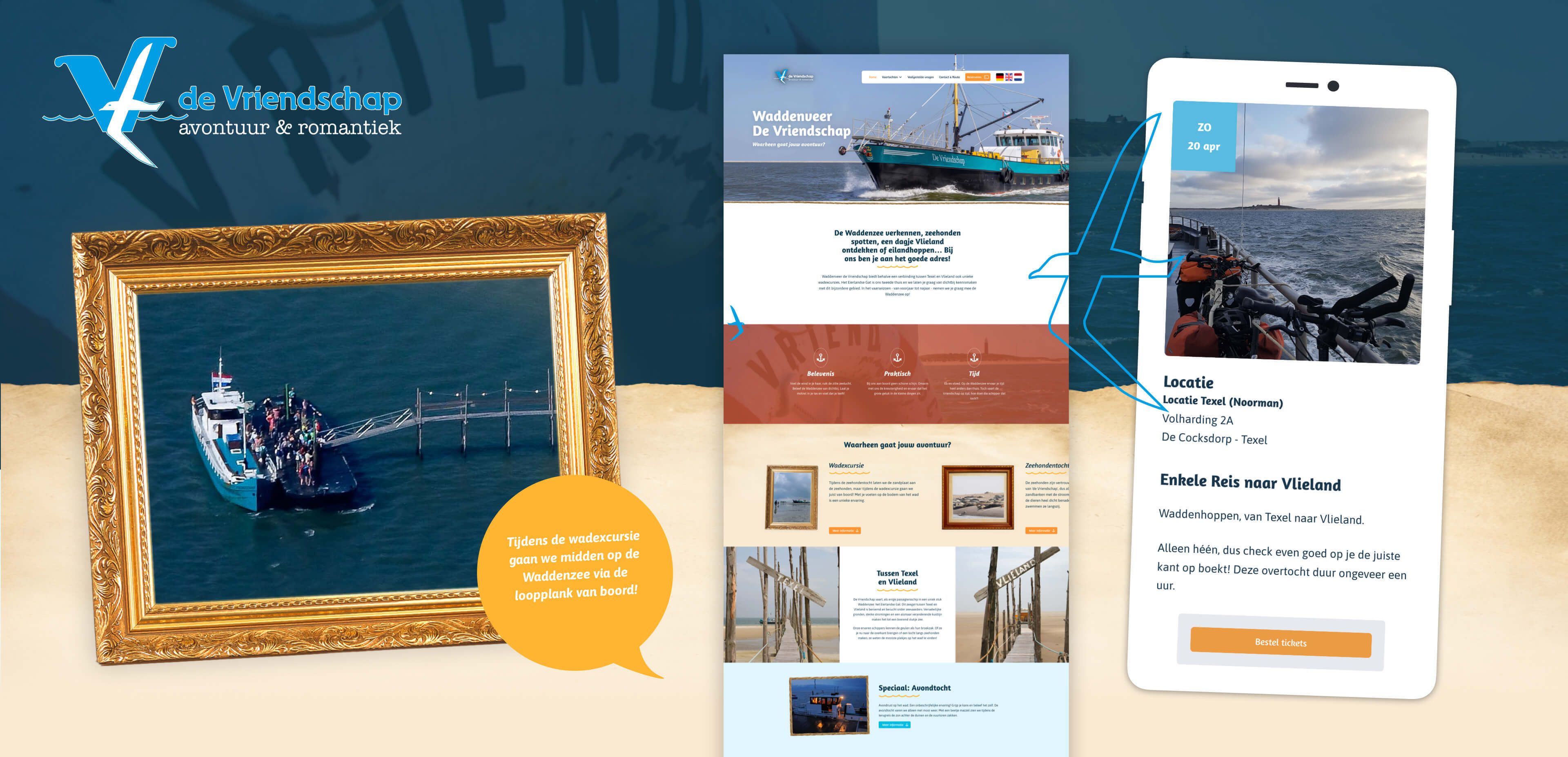 Een ingelijste foto van een aangemeerde boot, een websitelayout voor De Vriendschap met online diensten en een mobiel telefoonscherm met een interface voor het boeken van een boottocht worden naast elkaar getoond.