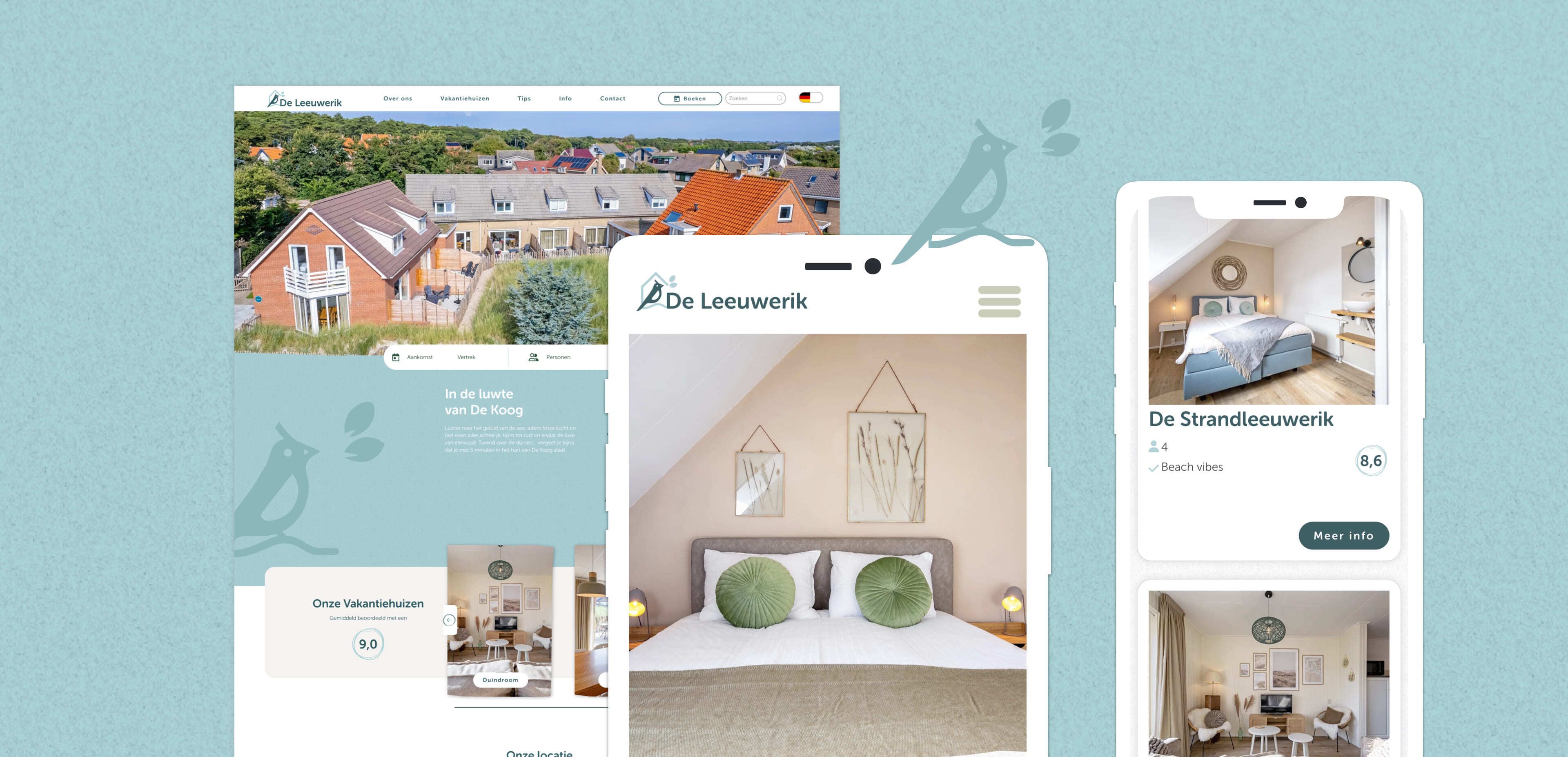Een website en mobiele app voor De Leeuwerik, met afbeeldingen van de buitenkant van een huis en een slaapkamer, met opties voor reserveren, informatie en andere online diensten.
