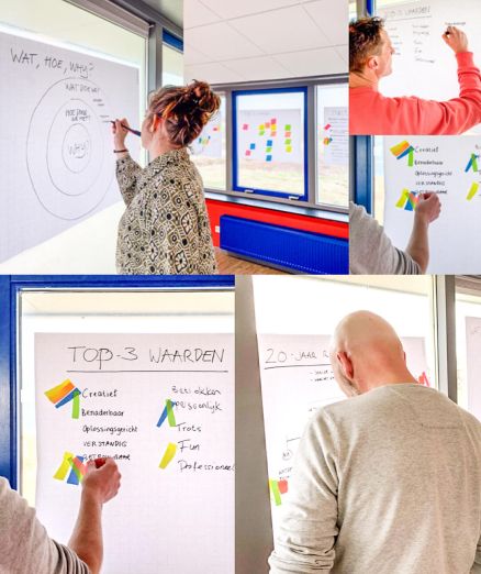 Drie mensen doen mee aan een workshop waarbij ze brainstormen over ideeën voor websites en webshops. Dit doen ze door op grote vellen papier te schrijven en daar kleurrijke post-its op te plakken in een lichte, moderne kamer.