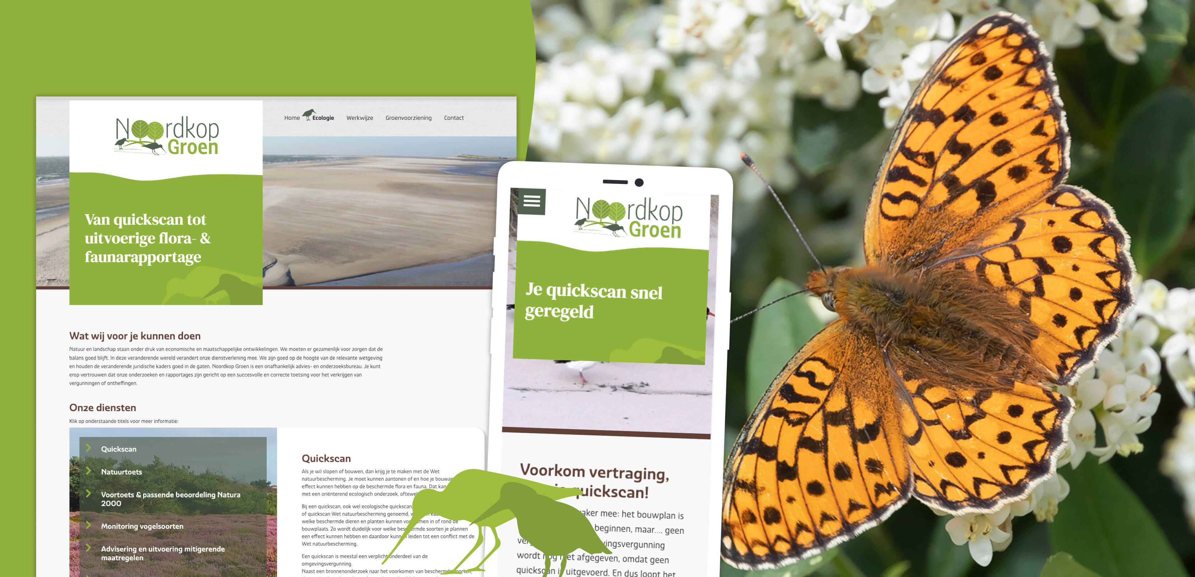 Schermafbeelding van de websites van Nordkop Groens op desktop- en mobiele apparaten, over een close-upfoto van een oranje vlinder die op witte bloemen zit.