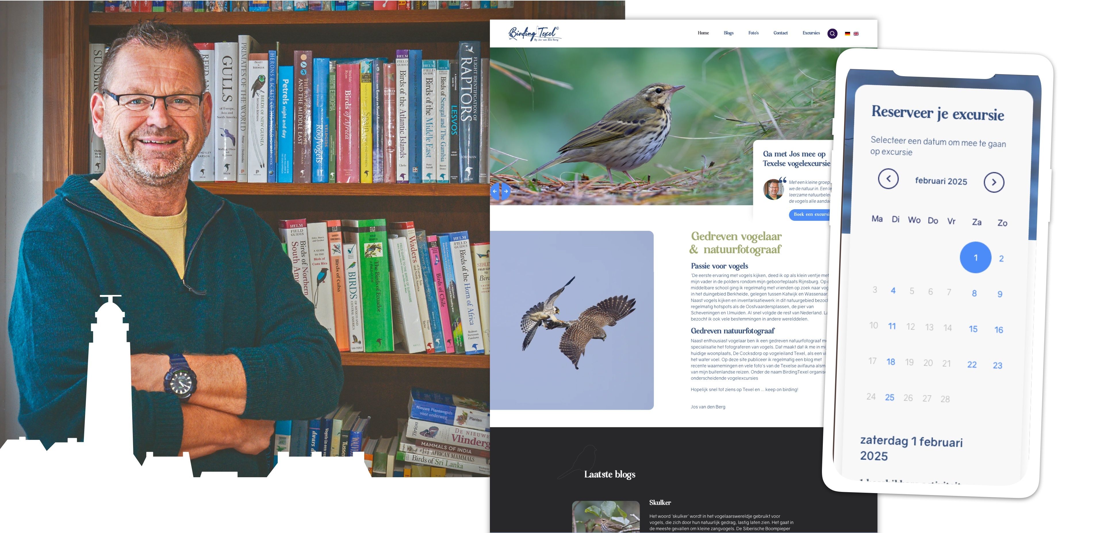 Een man staat voor een boekenkast naast een website met vogelfotografie en een tablet met een online boekingskalender voor online diensten in het Nederlands.