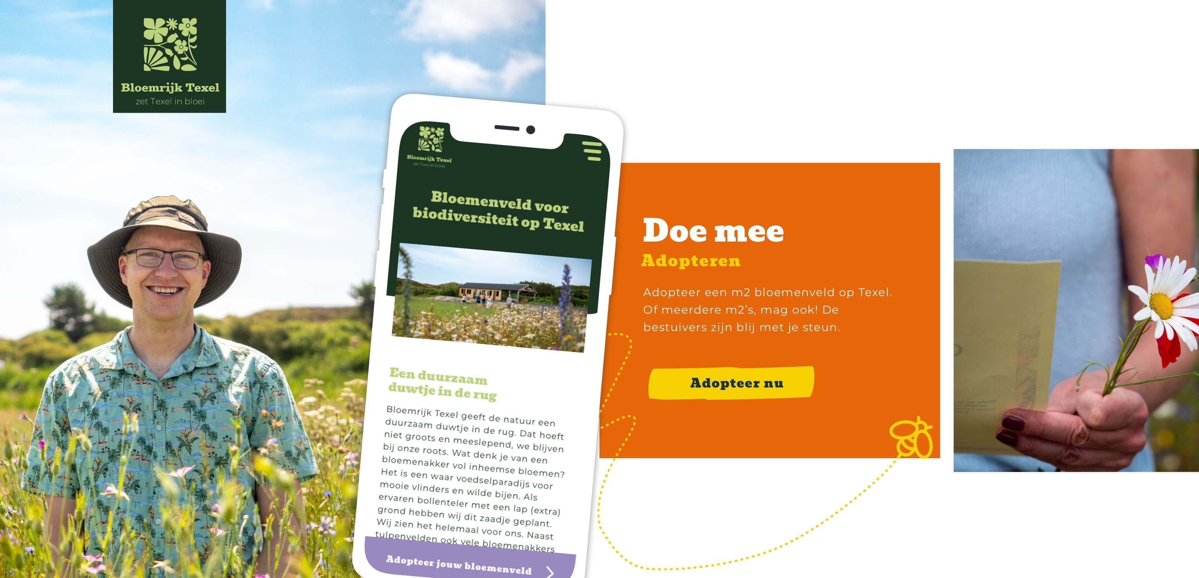 Een man met een hoed staat in een bloemenveld; een telefoon toont websites over het adopteren van bloemenweides; een hand houdt een kleurrijke bloem vast naast een oproep tot adoptie.
