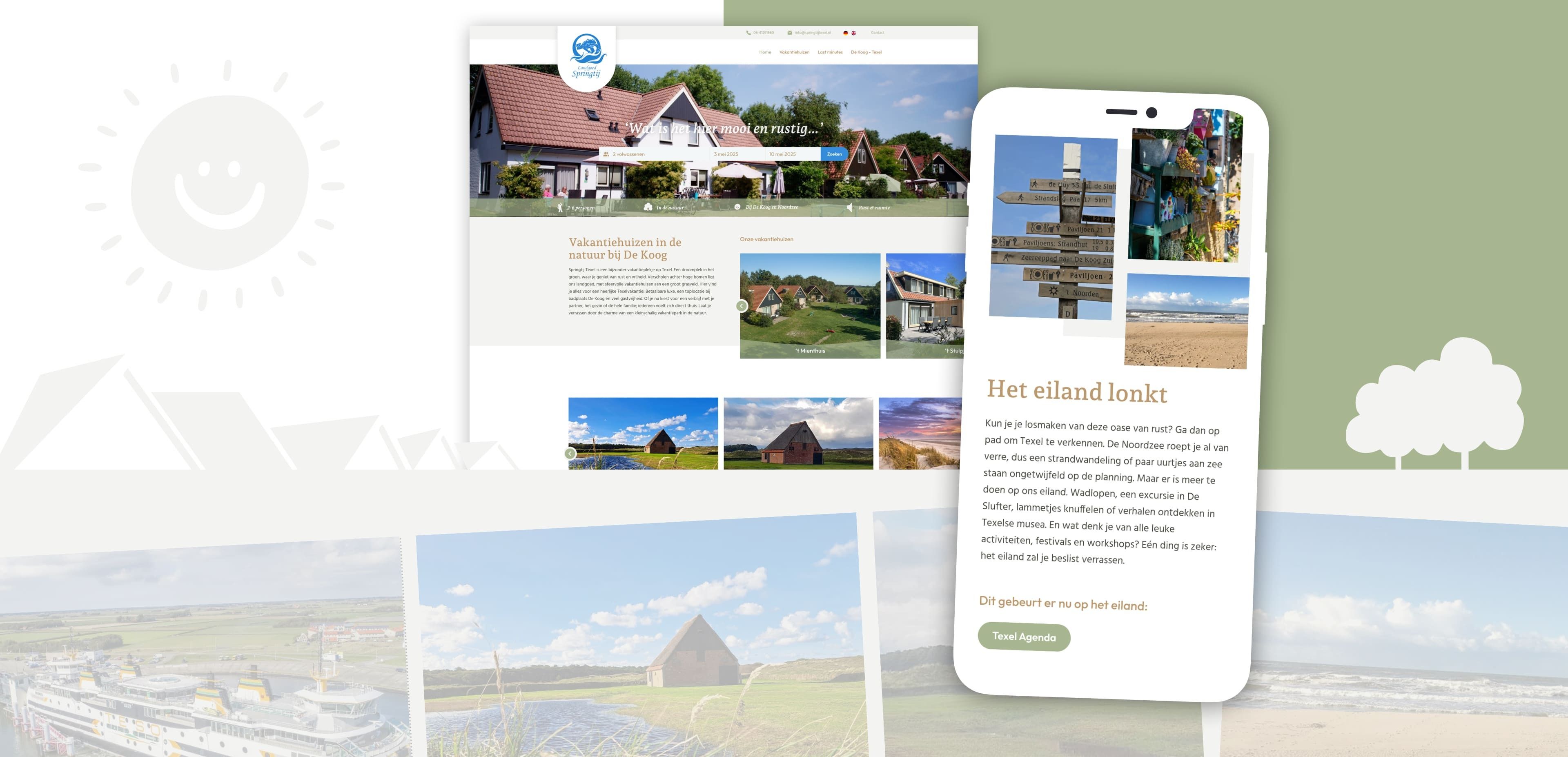 Op de website en het scherm van een mobiele telefoon worden afbeeldingen en informatie weergegeven over een schilderachtige eilandbestemming, met huizen, landschappen en strandgezichten. Ideaal voor reiswebshops of om uw online diensten te presenteren.