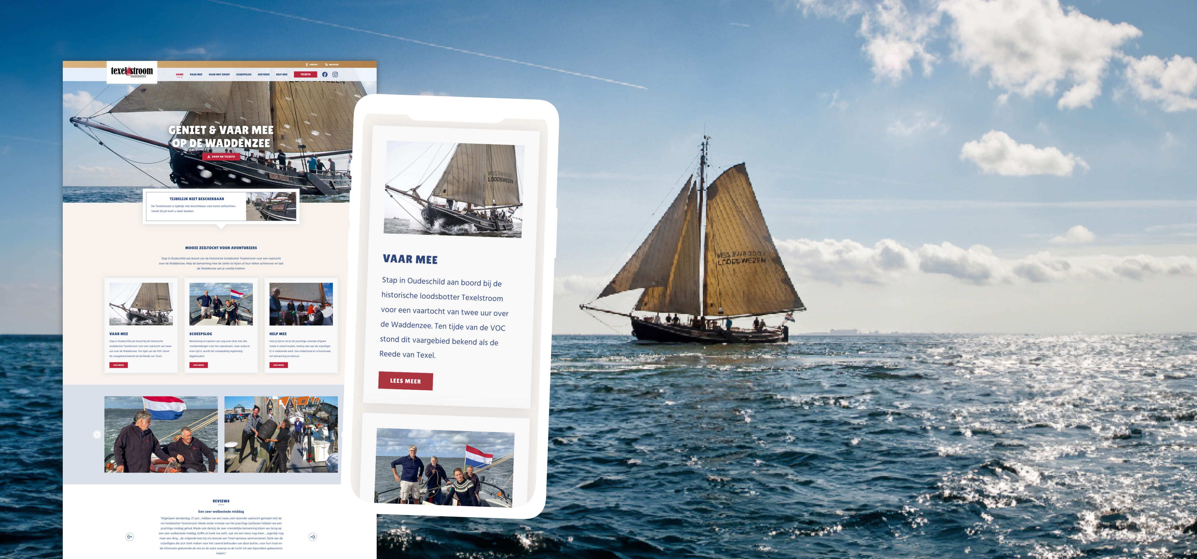 Een historische zeilboot op open water met links screenshots van websites en mobiele telefoons die Nederlandse zeilreizen, online diensten en webshops promoten.