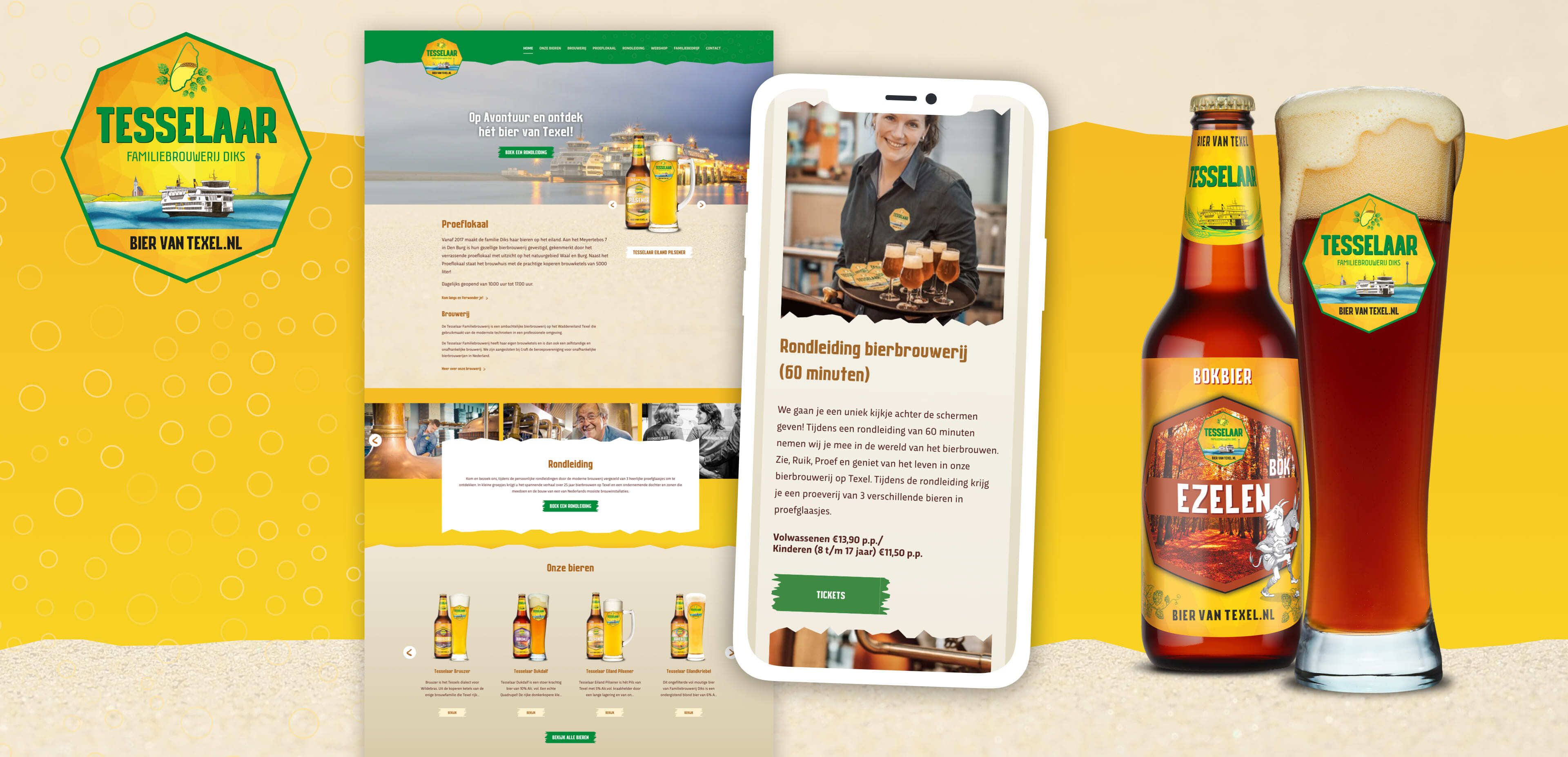 Promotiefoto voor Tesselaar bier met webshops, een website in mobiele weergave, een vrouw die bier schenkt, een fles met het etiket Ezel Bockbier en een merkbierglas op een gele achtergrond.