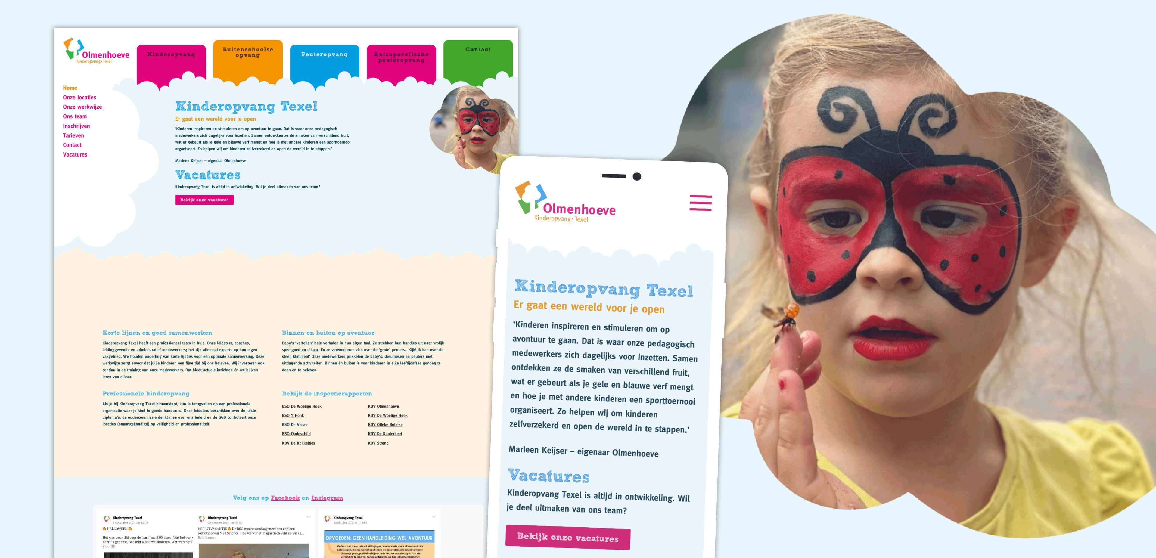 Schermafbeelding van een website voor kinderopvang, waarop hun online diensten worden gepresenteerd, op desktop en mobiel, naast een jong meisje met lieveheersbeestjesschmink en een klein insect op haar vinger.