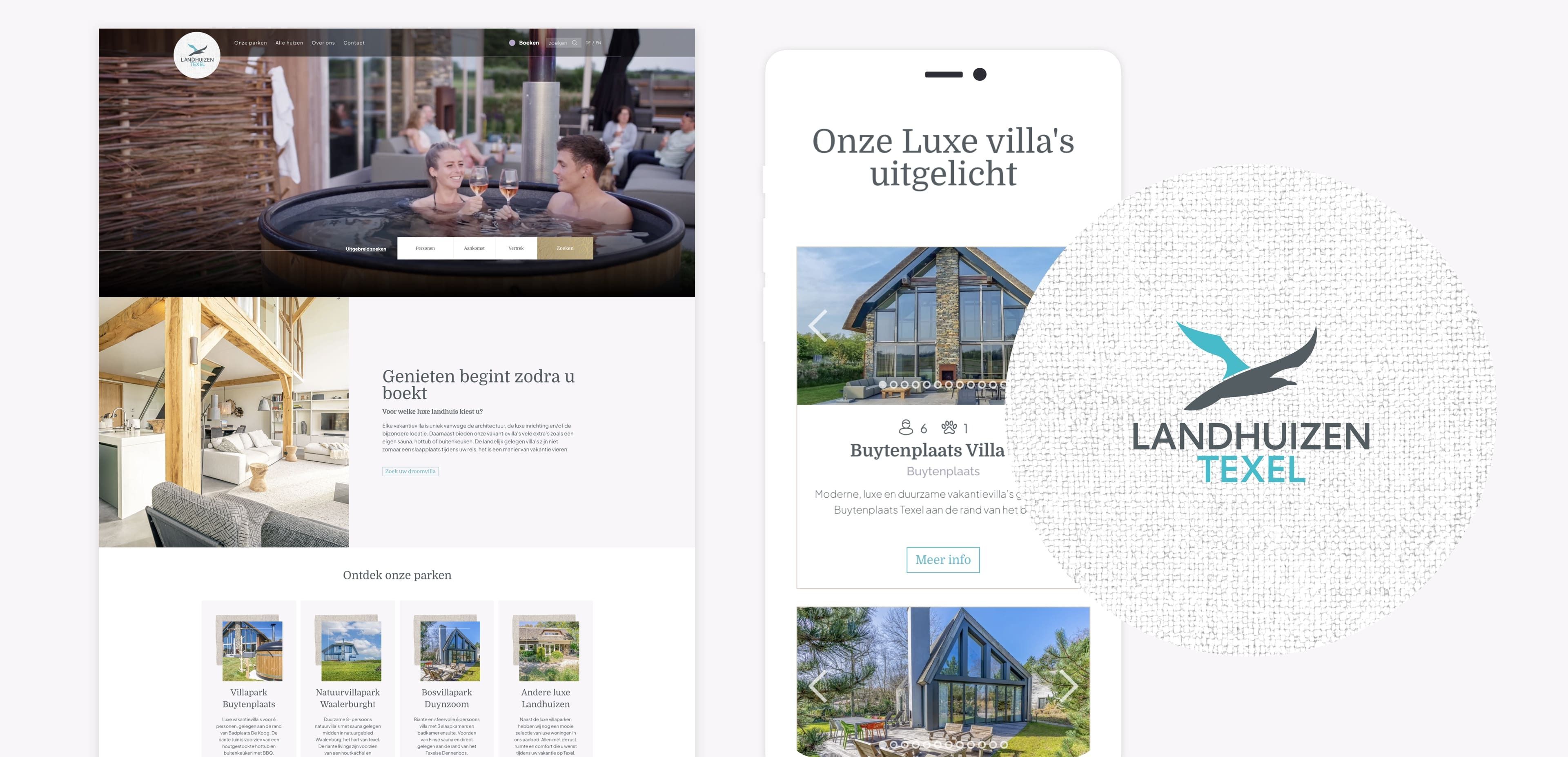 Screenshot van een website voor Landhuizen Texel met afbeeldingen van luxe villa's, boekingsopties en het bedrijfslogo met een vogel boven de tekst. Hiermee wordt getoond hoe websites de online diensten voor reizigers verbeteren.