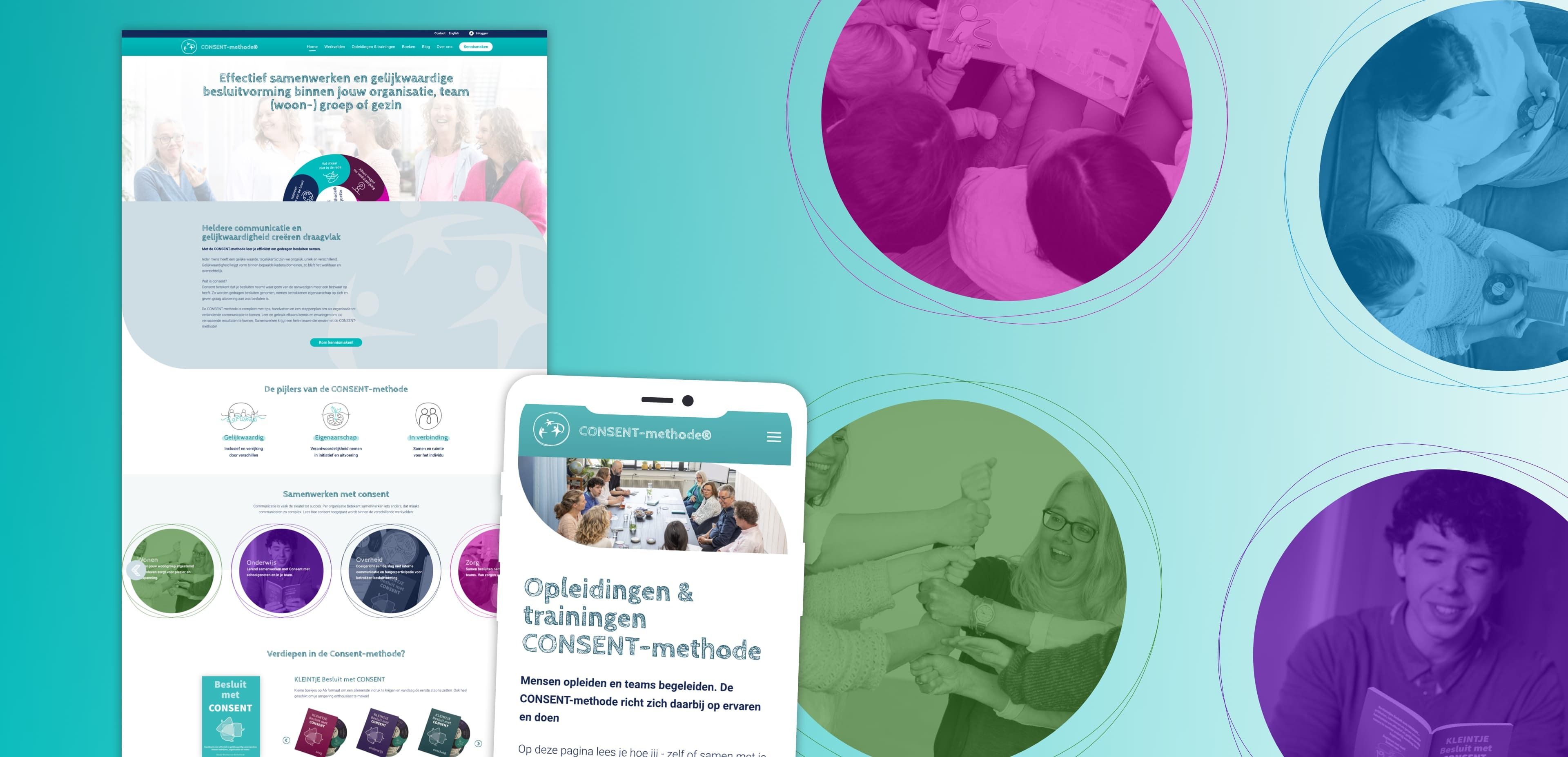 Een website en een mobiele telefoon tonen een trainings- en opleidingsplatform. De onlinediensten worden uitgelicht door gekleurde cirkelvormige overlays, waarop rechts mensen te zien zijn die bezig zijn met groepsactiviteiten.