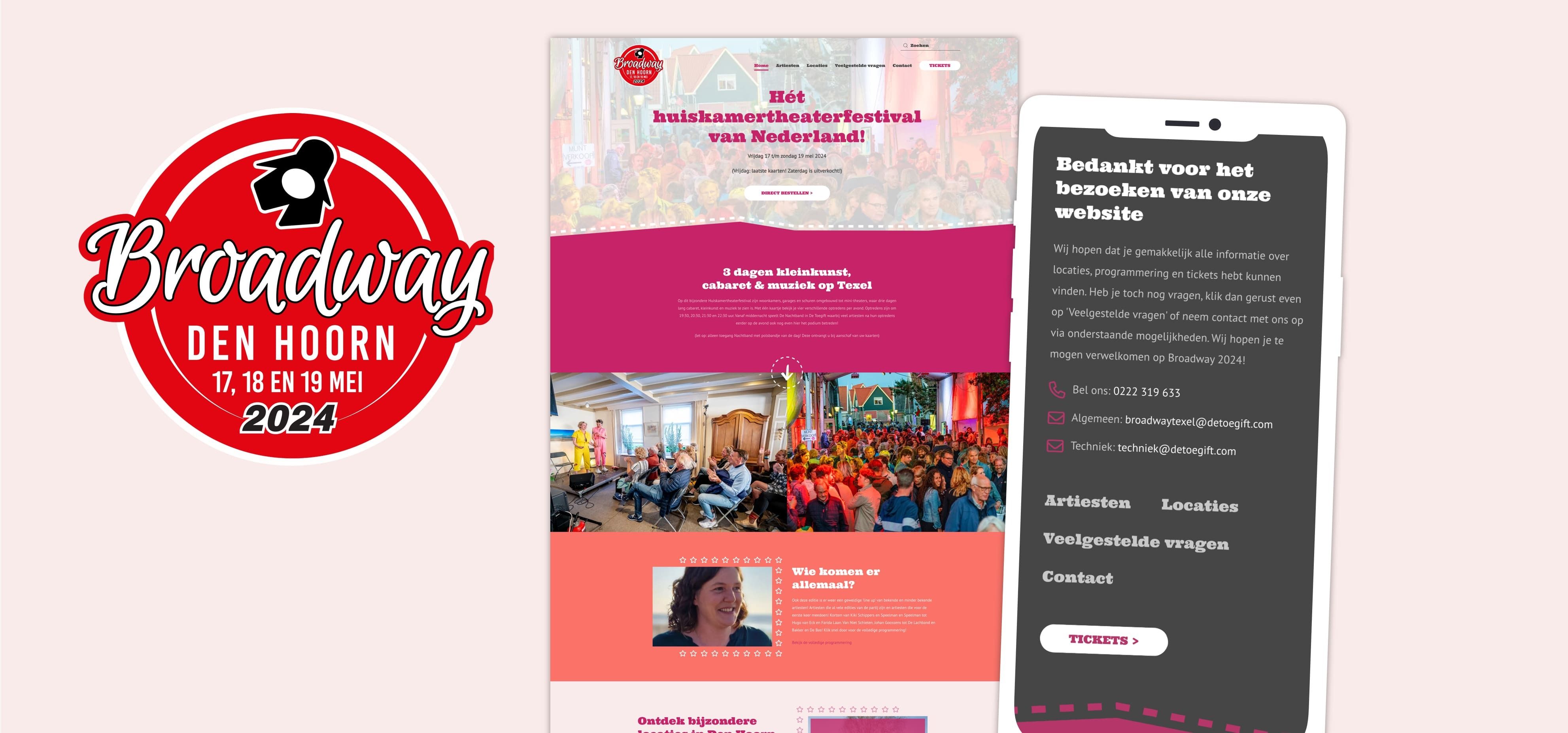 Een logo voor Broadway Den Hoorn 2024 en twee screenshots van de website, met kleurrijke festivalinformatie, groepsfoto's, een contactpagina met evenementdetails in het Nederlands en links naar webshops die gerelateerde online diensten aanbieden.