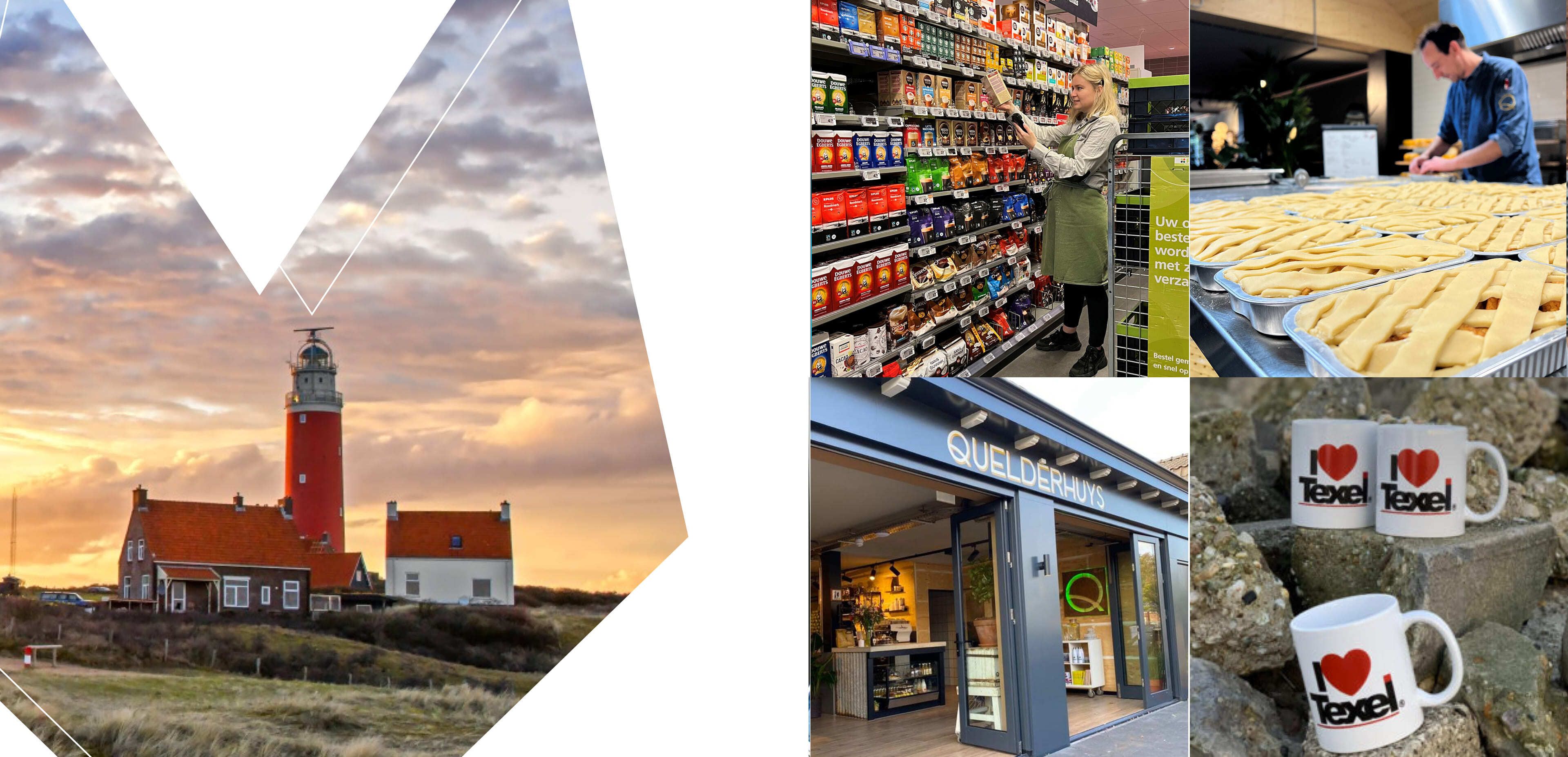 Een collage met een vuurtoren bij zonsondergang, online diensten zoals webshops, een persoon die boodschappen doet, iemand die schalen met eten klaarmaakt, een winkelingang en twee mokken met de tekst I ❤️ Texel erop gedrukt.