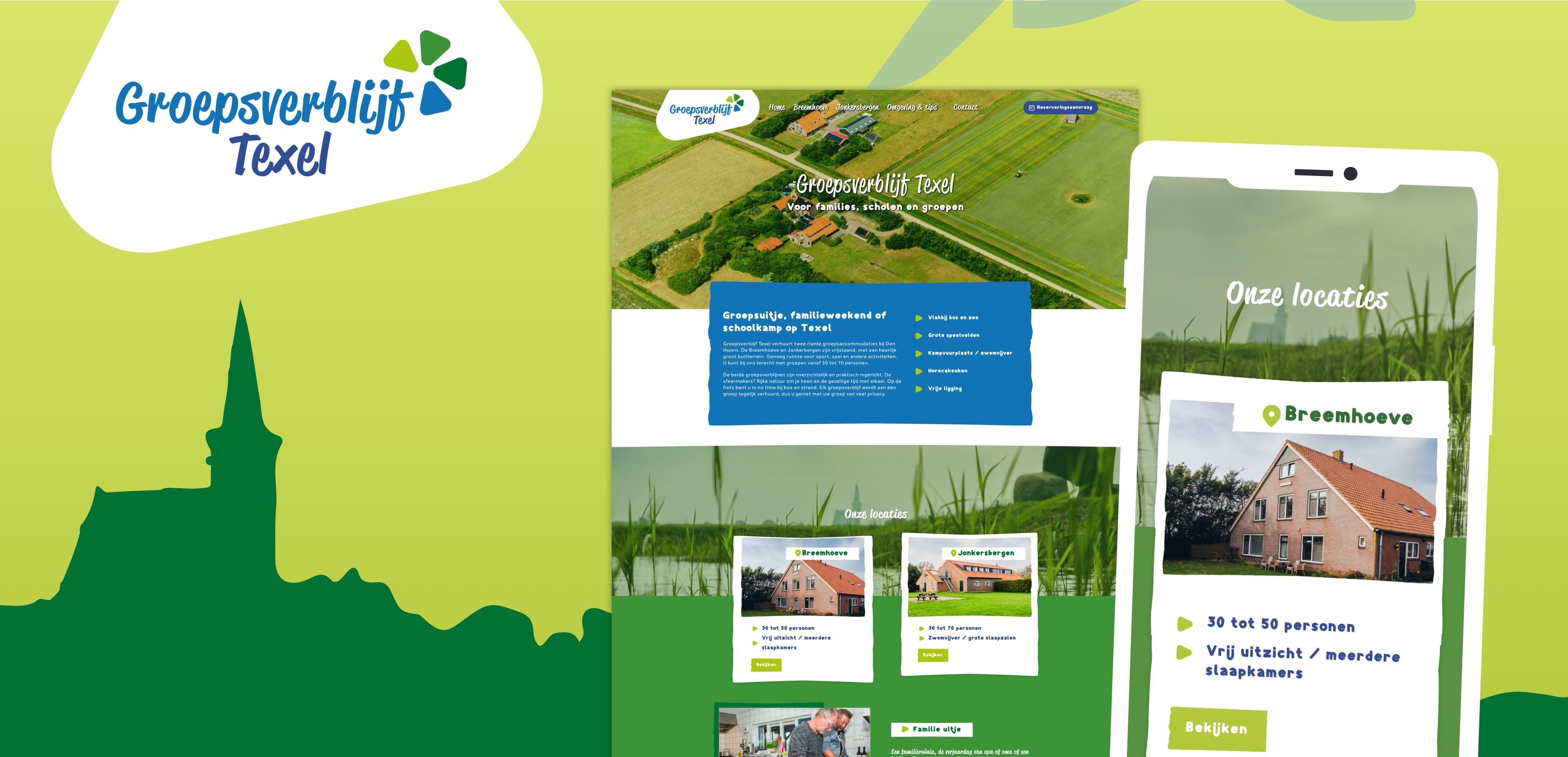 Schermafbeelding van de website van Groepsverblijf Texel op desktop en mobiel, met accommodatie-informatie, afbeeldingen van huizen, een groen-blauw kleurenschema en een weergave van hoe websites reisgegevens op verschillende apparaten presenteren.