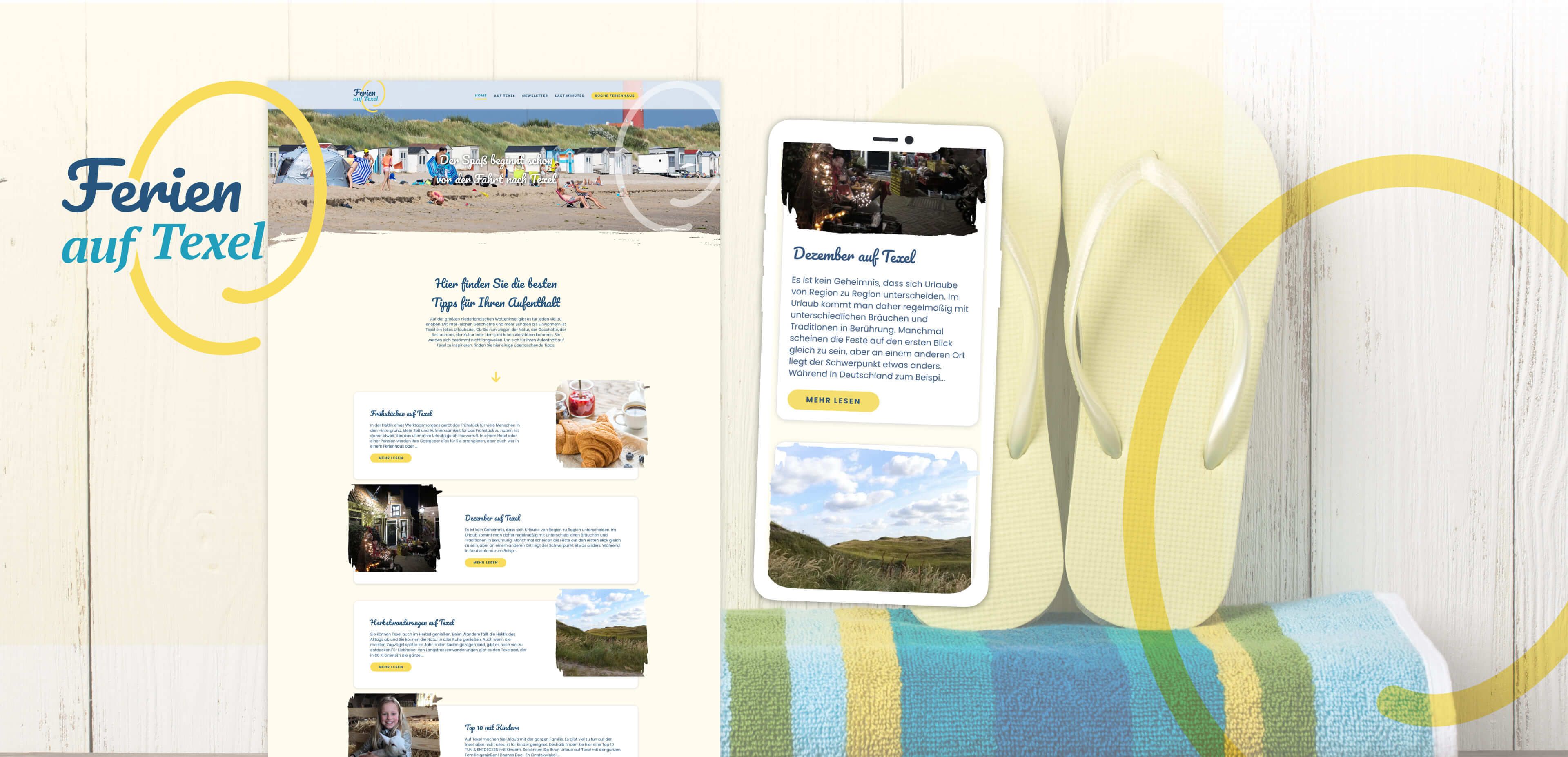 Een website over vakanties op Texel wordt getoond op een desktopscherm en een smartphone, met een handdoek en slippers op de achtergrond. De tekst luidt Ferien auf Texel en laat zien hoe websites bestemmingen online kunnen promoten.