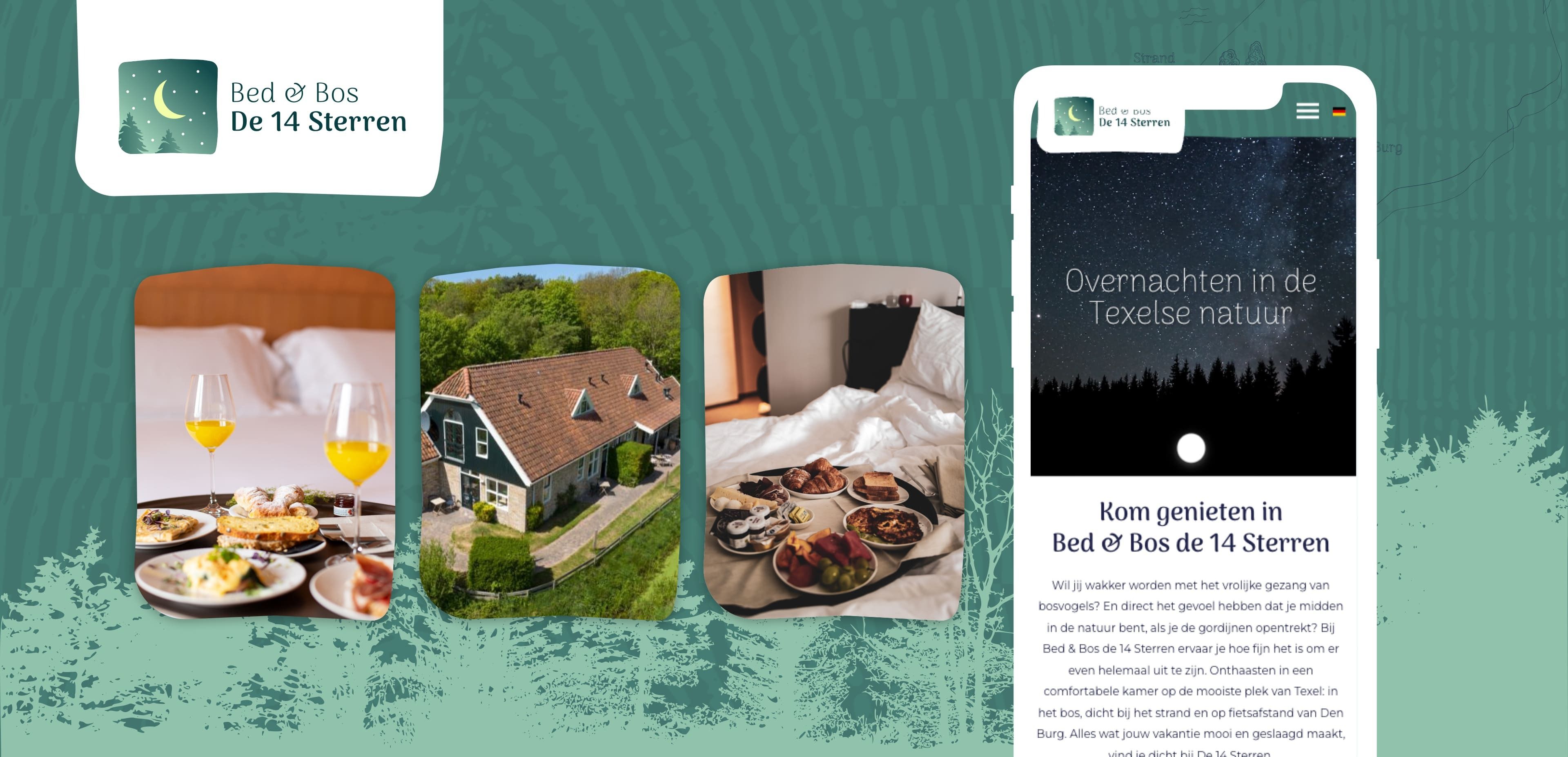 Een logo en website mockup voor Bed & Bos De 14 Sterren, met afbeeldingen van een bed, een boshuisje, borden met eten en een telefoon waarop de online diensten van de website voor webshops en boekingen worden weergegeven.