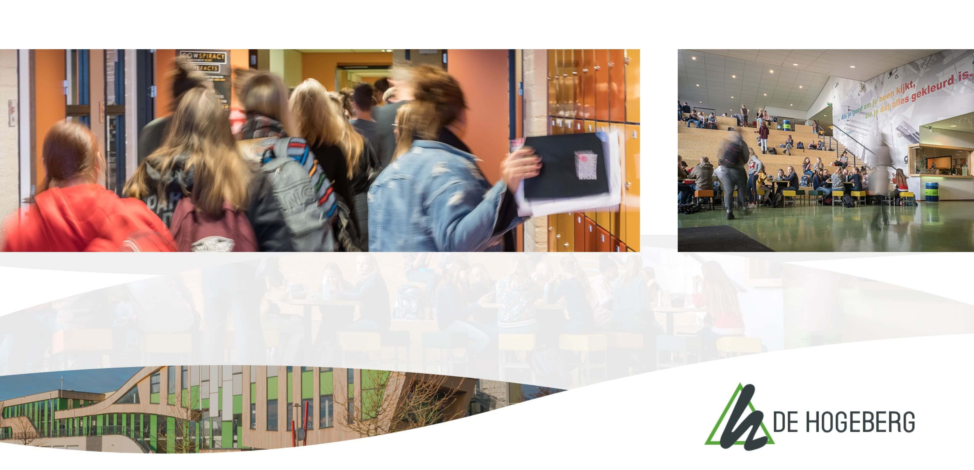Studenten lopen door gangen en verzamelen zich in gemeenschappelijke ruimtes in een modern schoolgebouw, waar rechtsonder het logo van De Hogeberg te zien is. Dit logo benadrukt de focus van de school op online diensten en websites voor digitaal leren.