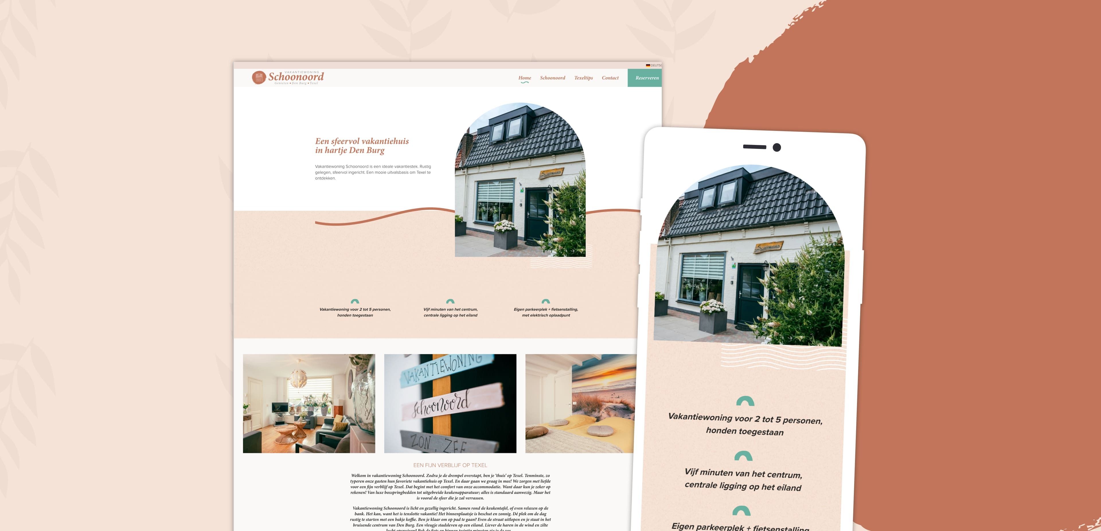 Een website en een smartphone met daarop een pagina over een vakantiehuisje met afbeeldingen van de buitenkant, binnenkant en beschrijvende tekst. Hiermee wordt getoond hoe websites online diensten voor het verhuren van vakantiewoningen kunnen verbeteren.