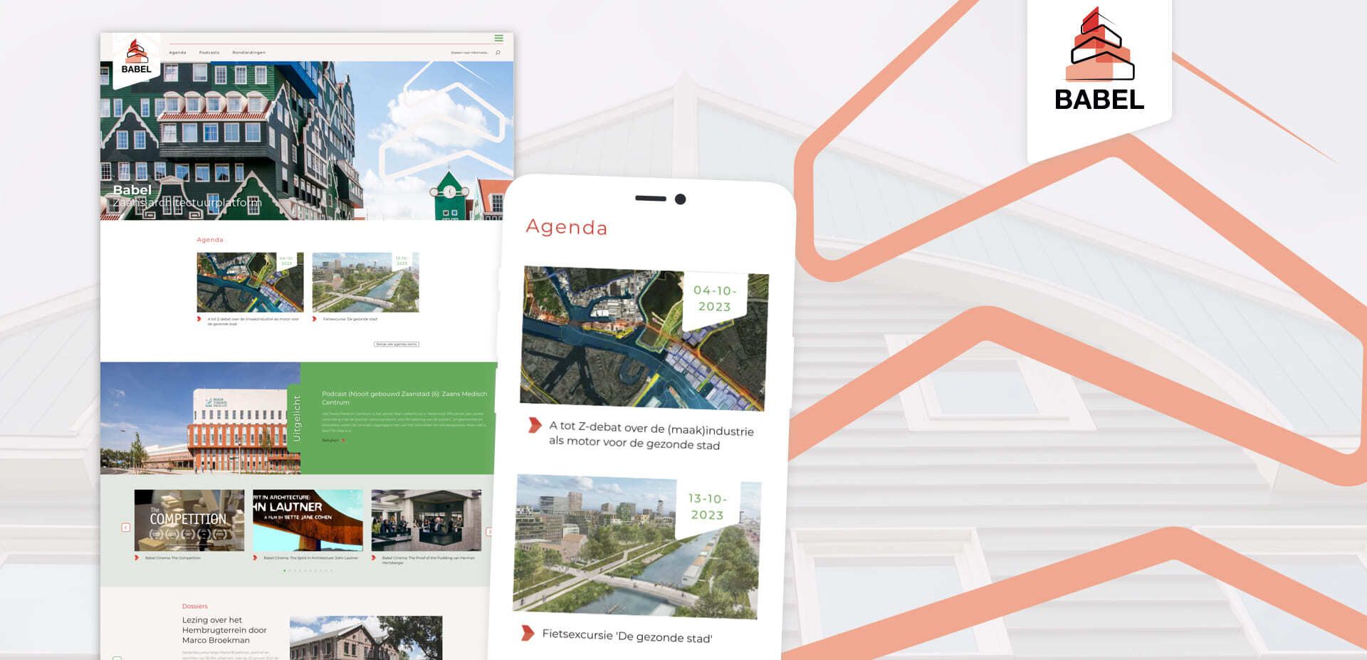 Een screenshot van de Babel-websites in desktop- en mobiele weergave toont een agenda met data van evenementen, afbeeldingen en navigatiemenu's. Het Babel-logo verschijnt in de rechterbovenhoek.