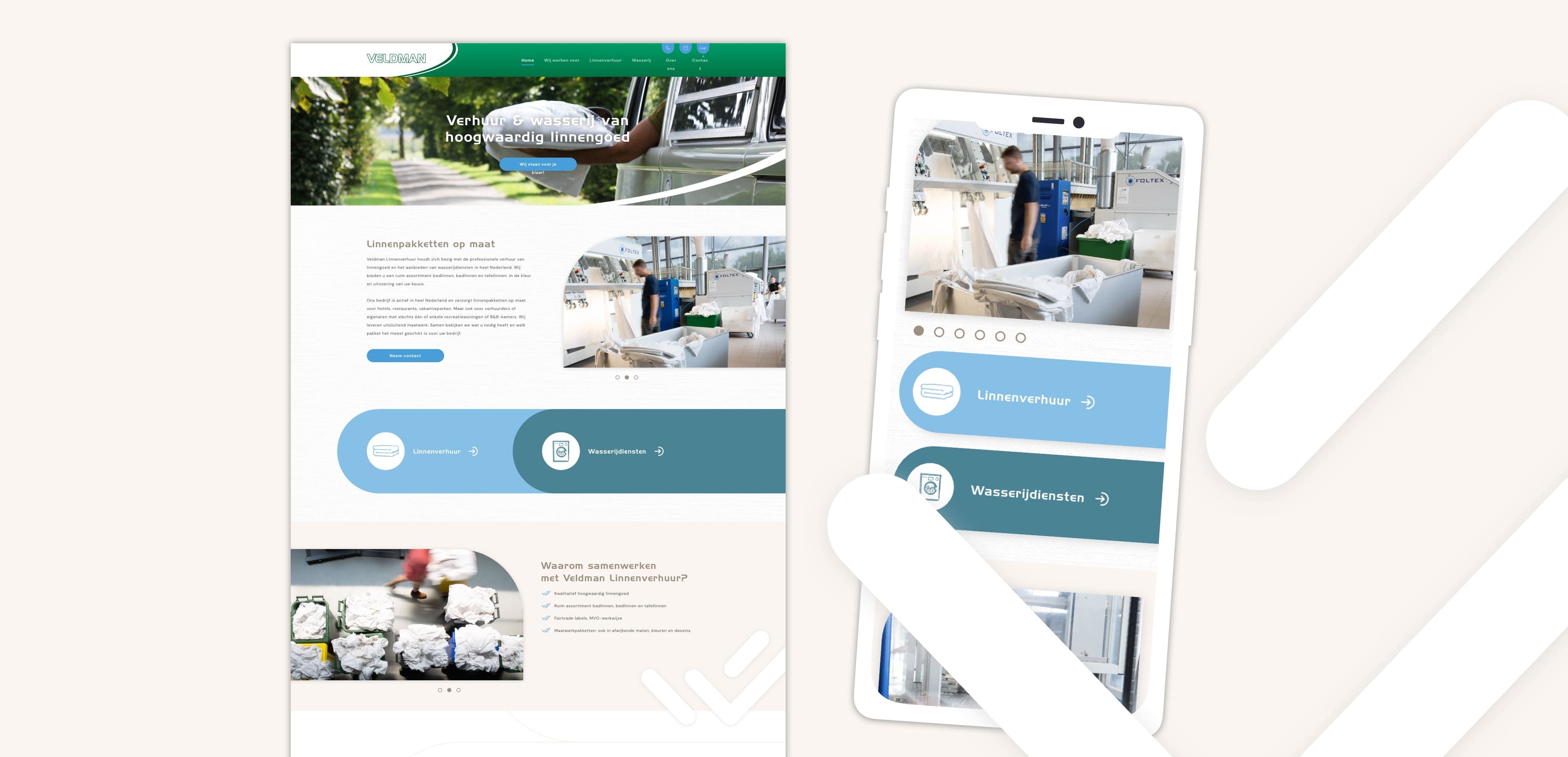 Een website en mobiele indeling tonen een wasserij- of linnenservicebedrijf, met afbeeldingen van wasmachines en gevouwen linnengoed, en benadrukken de onlinediensten, zodat u eenvoudig kunt boeken.