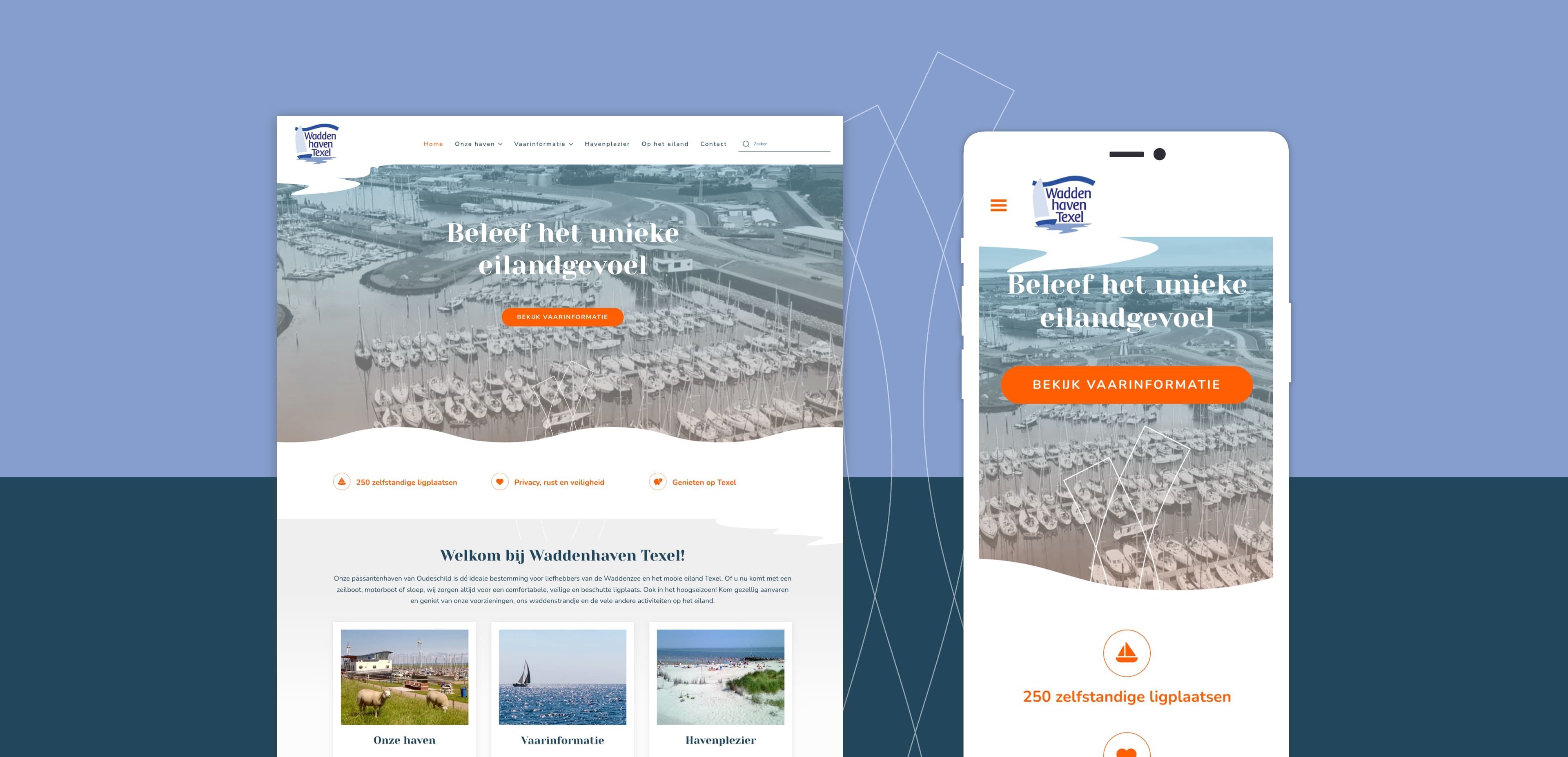 Schermafbeelding van een website van een jachthaven en de mobiele versie, beide met een afbeelding van de haven, een navigatiemenu en een oranje knop met het label BEKIJK LIGPLAATSINFORMATIE. Deze tonen moderne websites en online diensten voor jachthavenbezoekers.