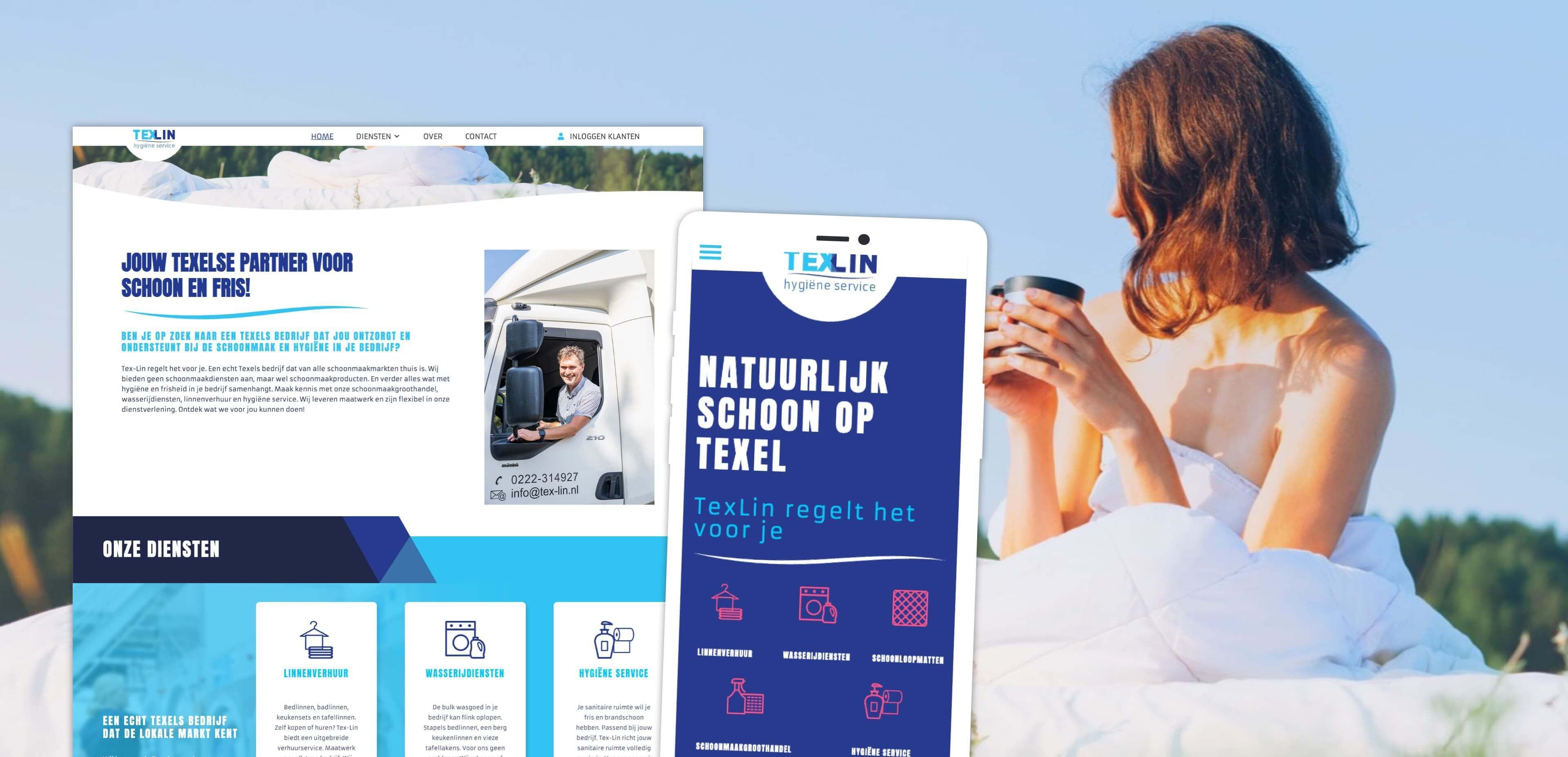 Een vrouw in een witte jurk drinkt buiten uit een beker. Op de voorgrond tonen een laptop en telefoon websites en een app-interface voor een online wasservice.