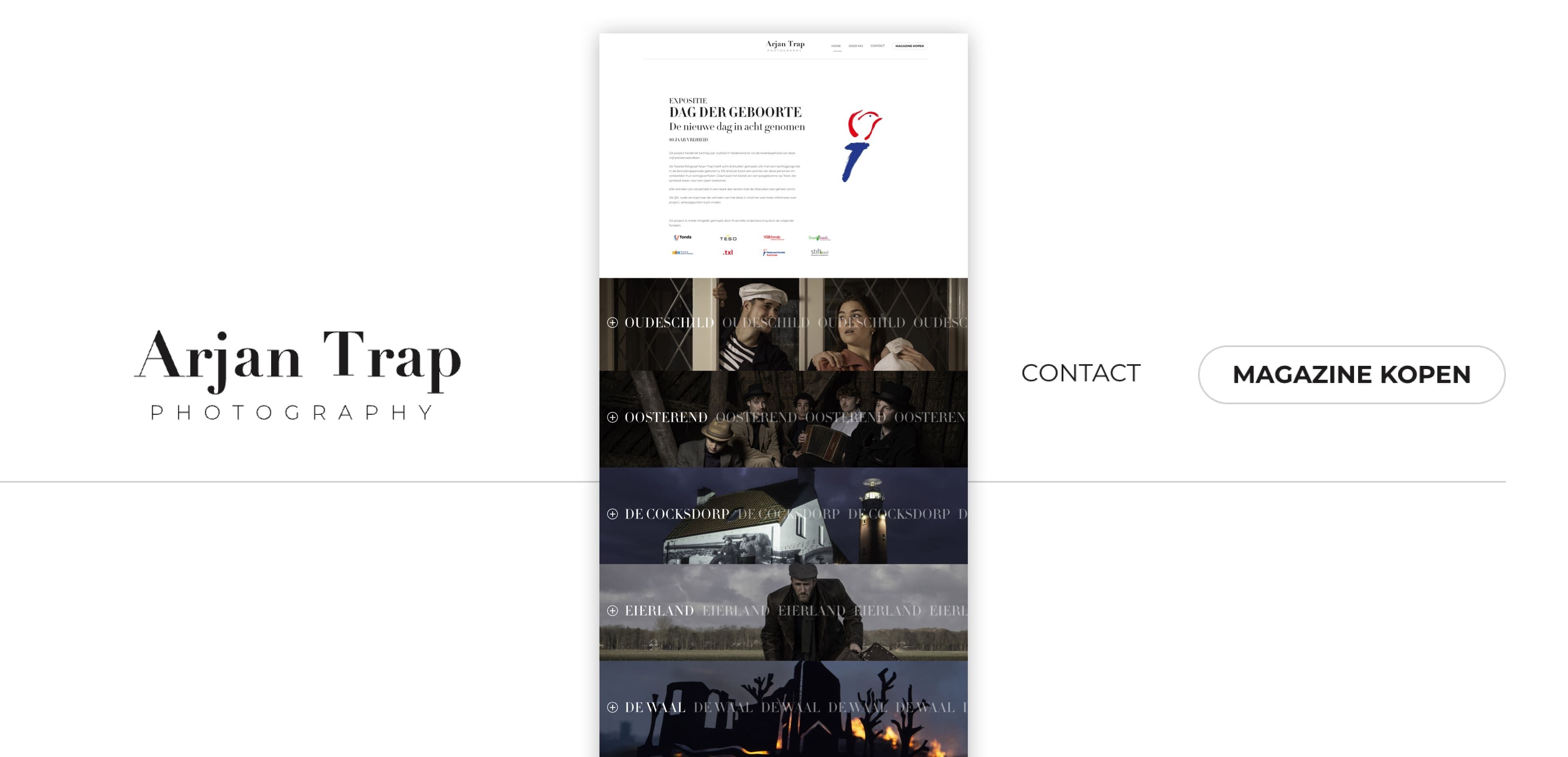 Een homepage voor Arjan Trap Photography met een verticale galerij met zes afbeeldingen, navigatielinks en een knop MAGAZINE KOPEN: perfect om creatieve online diensten te presenteren via inspirerende fotografie.