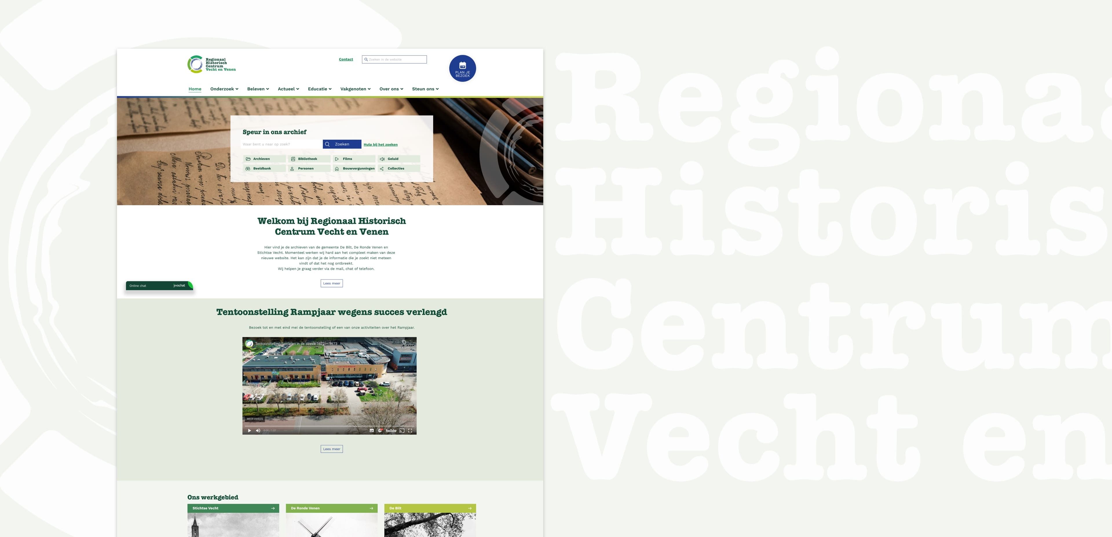 Schermafbeelding van de homepage van Regionaal Historisch Centrum Vecht en Venen, met een zoekbalk, welkomsttekst en nieuwssectie met afbeeldingen en artikelvoorbeelden. Een toonbeeld van moderne websites gericht op geschiedenis en erfgoed.