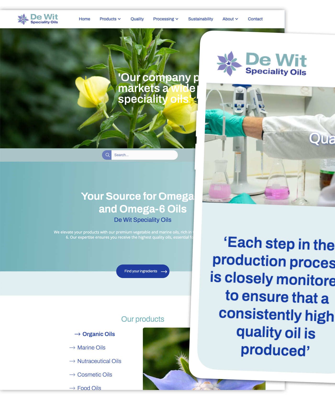 Schermafbeelding van de homepage van de website van De Wit Speciality Oils met afbeeldingen van planten, tekst over kwaliteitscontrole bij olieproductie en een focus op hun online diensten.