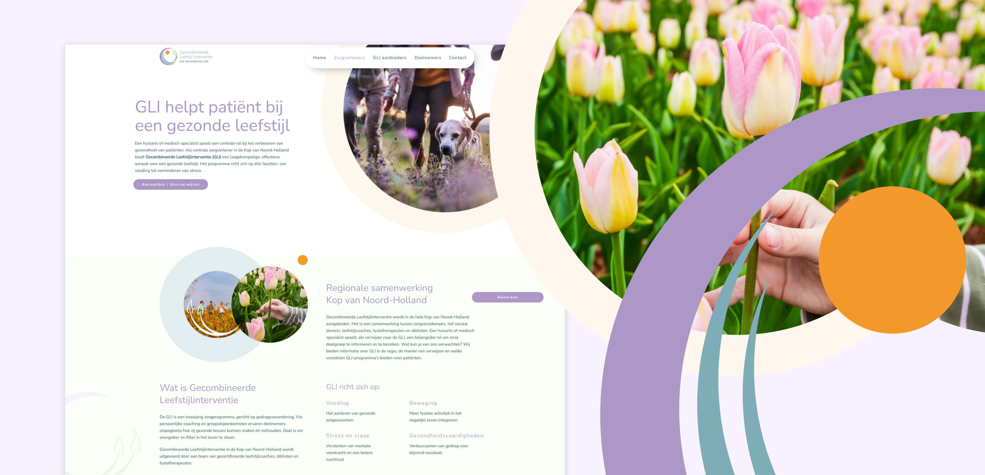 Een webpagina benadrukt een gezonde levensstijl, met ronde afbeeldingen van tulpen, een persoon die met de hond wandelt en iemand die een tulp in een veld aanraakt. Het is een frisse kijk op gezondheid voor websites en online diensten.