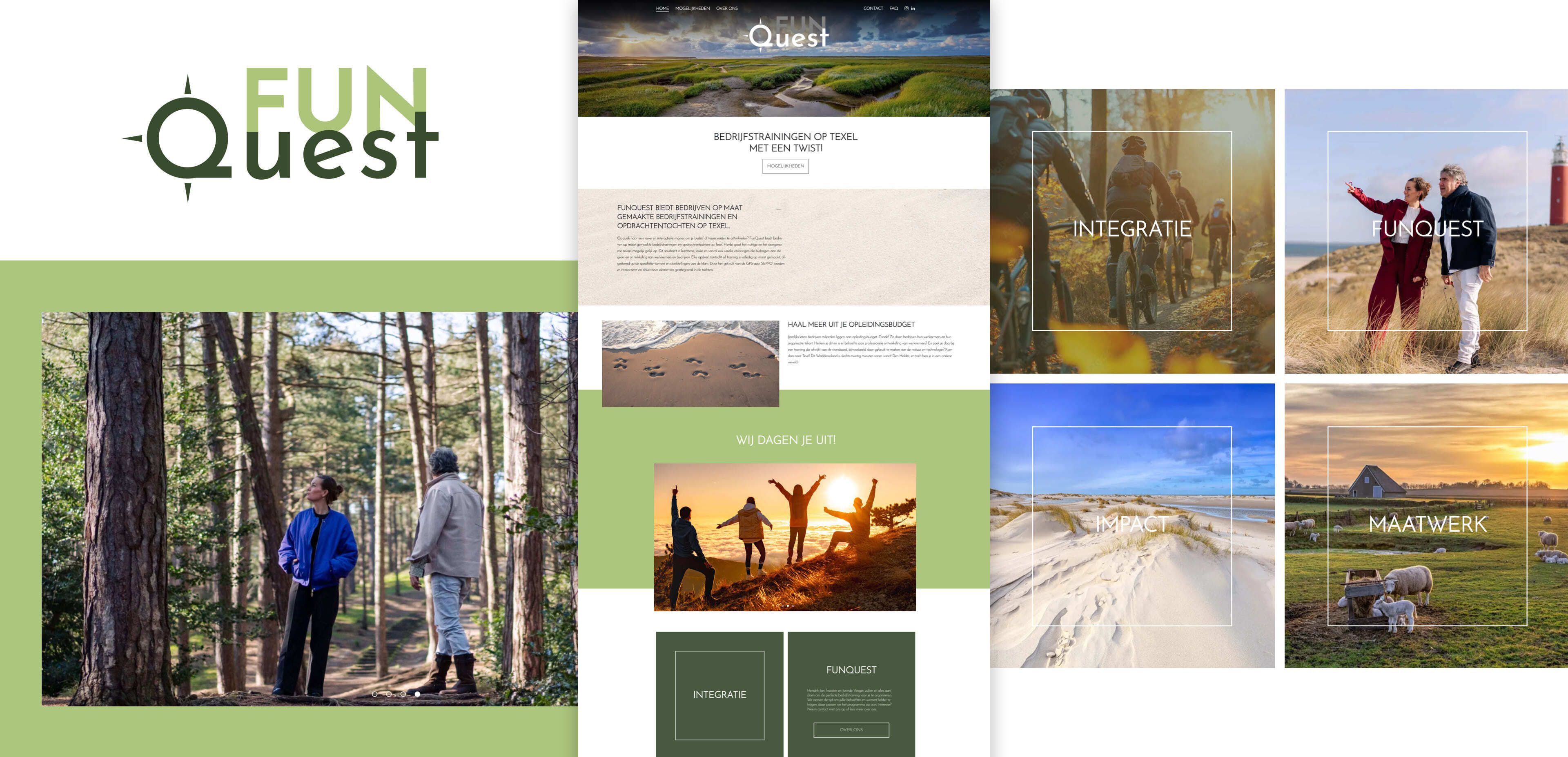 Een websitemodel voor FUN Quest met natuurbeelden, wandelende mensen en secties met de namen INTEGRATIE, FUNQUEST en MAATWERK, perfect voor het presenteren van online diensten zoals websites en webshops.